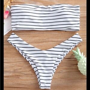 Zaful white/ Black Striped Bandeau High cut Cheeky Bikini   Size M